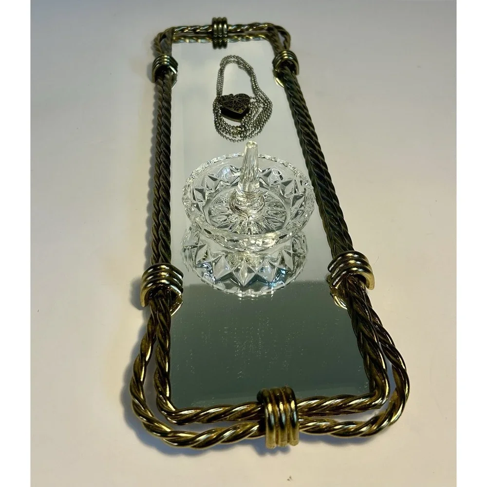 Vintage Hollywood Regency Mirrored Vanity Tray Twisted Gold Tone Metal